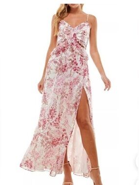 City Studio Pink Floral Ruffle Maxi Dress with Side Slit